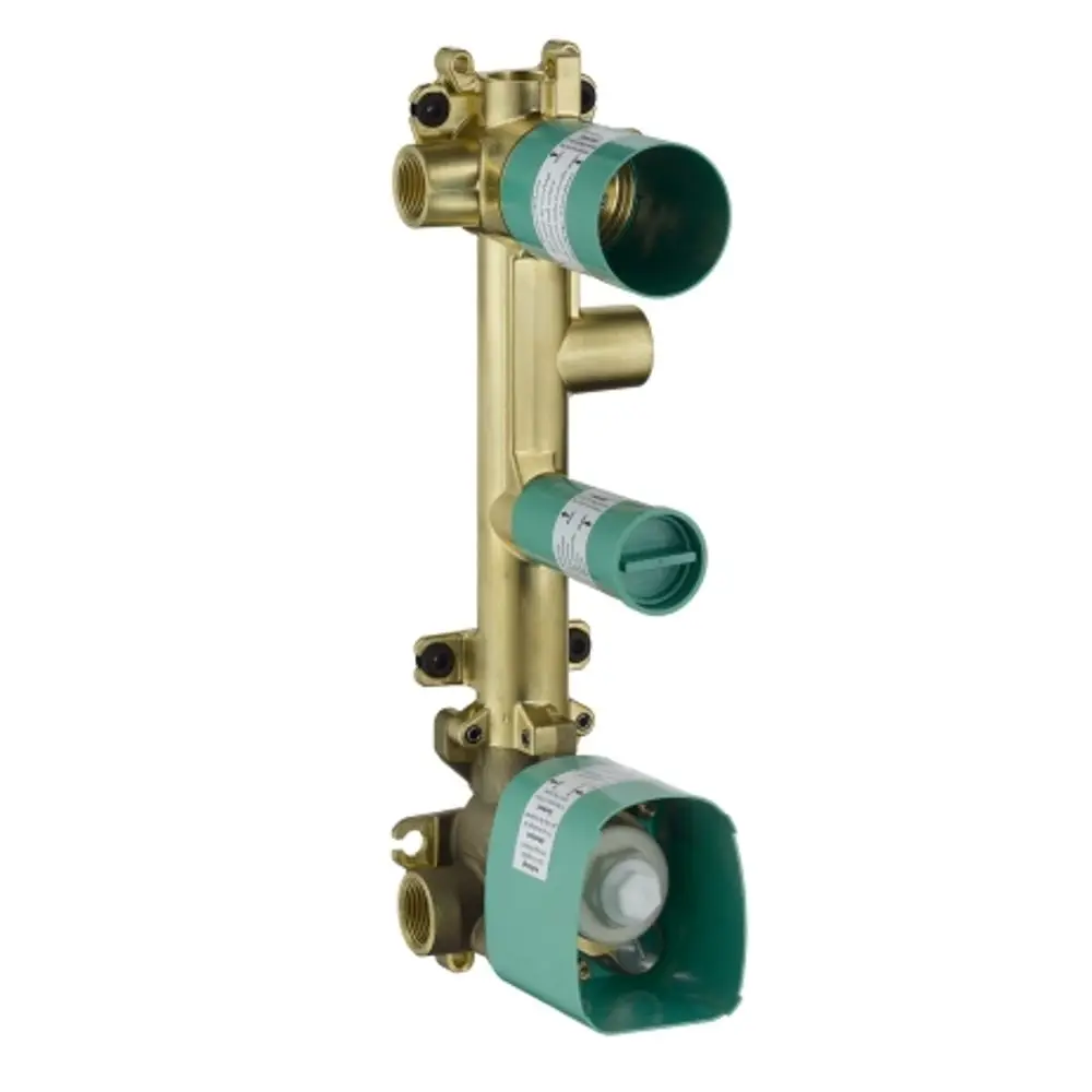 Messinggrundkörper für Thermostatmodul von AXOR, ausgestattet mit Anschlüssen für drei Verbraucher, zeigt verschiedene Anschlussmöglichkeiten und ein funktionales Design.